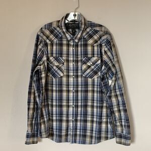 American Rag Men's Western Pearl Snap Long Sleeve Shirt Blue Plaid Cowboy Large